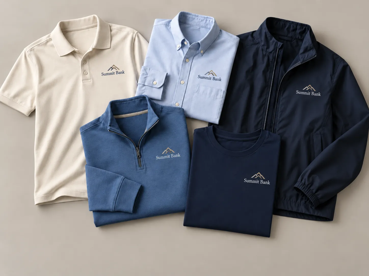 Coordinated collection of polos, dress shirts, quarter zips, jackets, and event apparel